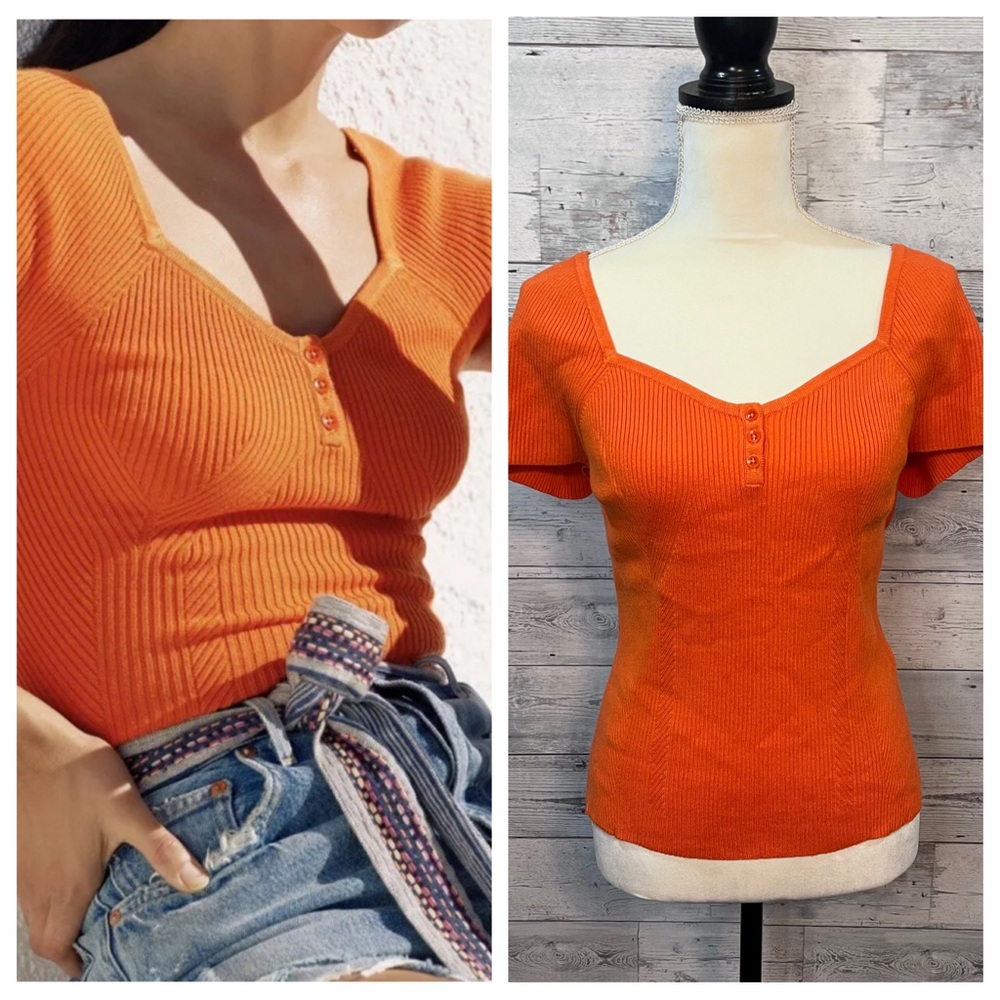 Anthropologie Maeve Coral Orange Sweetheart Top Ribbed Sweater Cap Sleeve XL